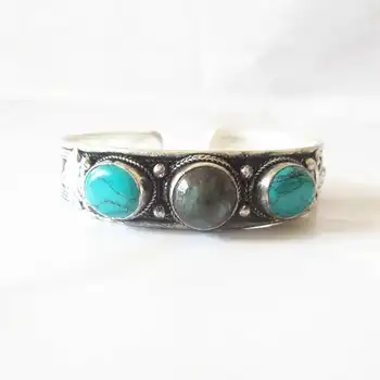

Tibetan Bangles Copper Inlay Colorful Beads Open Cuff Bangles Turquoises Labradorite Tiger Eye Beads Bracelets BB-049