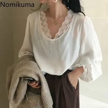

Nomikuma Lace Patchwork Elegant Shirts Women V Neck Long Sleeve Temperament Blouse Korean Fashion Slightly Transparent 3a787