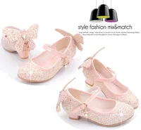 New Kids Leather Shoes Fashion Fringed Butterfly Knot Girls Princess Shoes Casual Glitter Children High Heel Student Dance Shoes 6