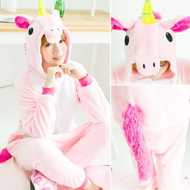 Flannel Unicorn Onesies for Women Pajamas New Winter Animal Cat Pyjamas Adult onesies Cosplay Pikachu Flannel Sleepwear - Цвет: Pink Tenma