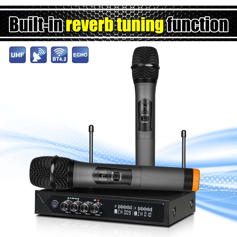 UHF BT Wireless Microphone  System Karaoke Dual