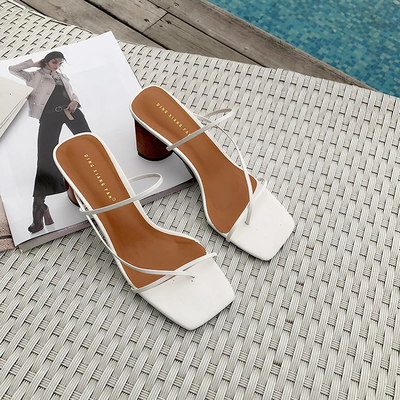 

Ladies Sandals Wood Heel Slipper Women's Sandals Vintage Square Toe Narrow Band High Heel Sandals Women Summer Shoes Women