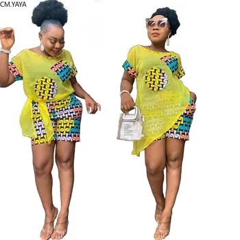 

2020 Summer NEW Women Chiffon Splicing Irregular T-shirt Print Shorts Suit Two Piece Set Fashion Sporty Tracksuit Outfit