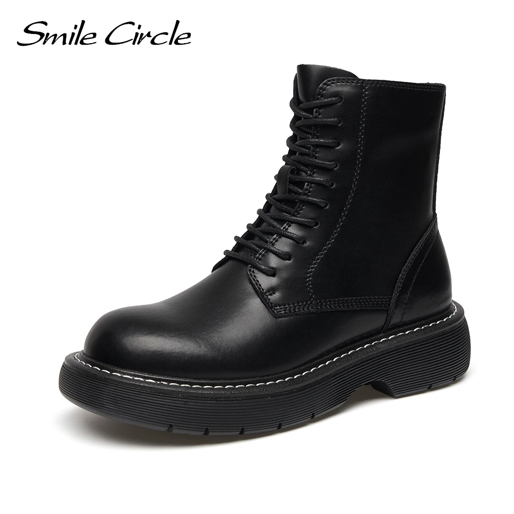 Smile Circle Stivaletti Donna Winter Flats Platform Boots Punta Tonda Lace-Up Stivali Da Moto Stivaletti Da Donna Neri