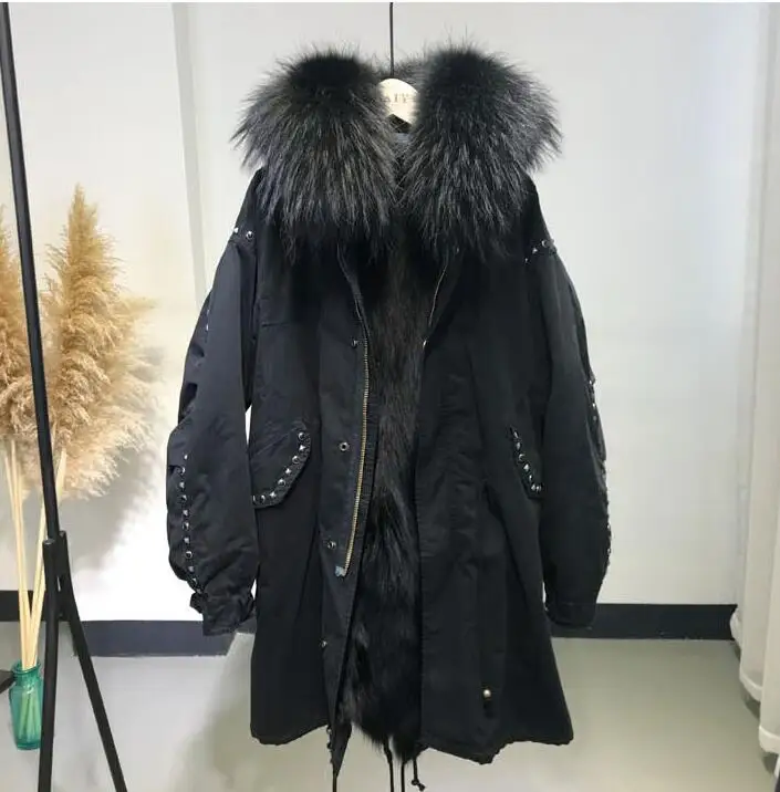 Long Black Новая зимняя модная женская длинная армейская парка с натуральным мехом негабаритное пальто с капюшоном куртка с заклепкой свободная одежда - Цвет: Long Black