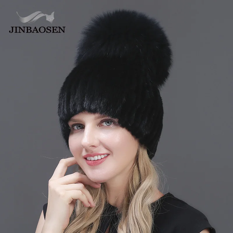 Натуральная норковая меховая шапка для зимы женская импортная вязаная норковая шапка с лисьим мехом новая горячая распродажа Женские шапки высокого качества - Цвет: COLOR4