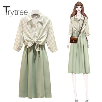 

Trytree Spring Summer Women Two Piece Set Casual Turn-down Collar Single Breasted Plaid Tops + Sling Dress Solid 2 Piece Set