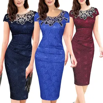 

Women Summer Dress 2019 Casual Short Sleeve Floral Print Knee Length Dress Round Neck Bandage Elegant Dresses Nylon/ Polyester