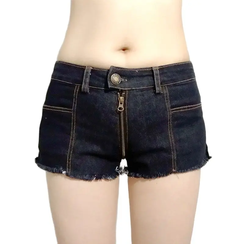 Pantalones vaqueros cortos sexys para mujer, Shorts de tiro bajo con borla  negra, cremallera de dos vías, entrepierna abierta, F52|Pantalones cortos|  - AliExpress