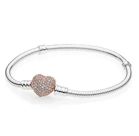 925 пробы серебряный браслет из розового золота с застежкой в виде сердца с кристаллами браслет подходит для женщин Шарм из бисера Diy модное ювелирное изделие