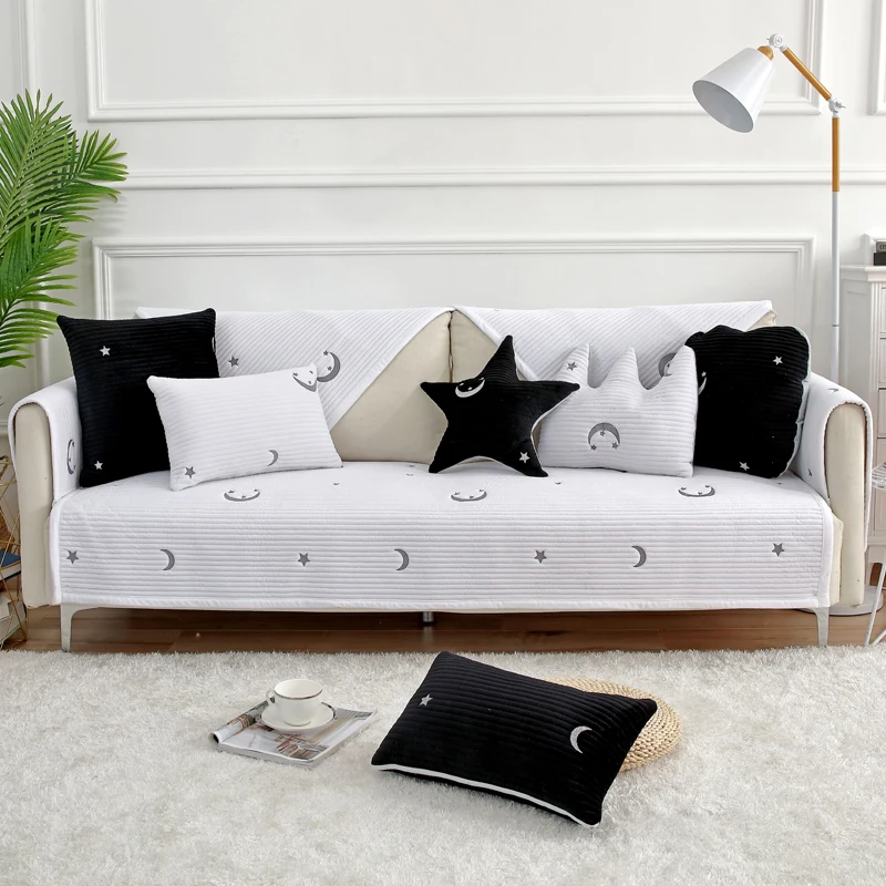 High-grade embroidery New short plush fabric Winter sofa cushion slip combination sofa cover backrest towel cushion four seasons