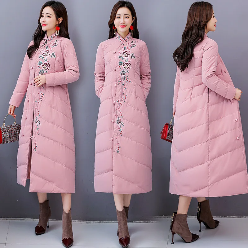 

Stand Collar Xie Jin Long Jacket Women's Long over-the-Knee to Ankle Chinese Style Cotton Coat Women's Vintage Slim Fit Winter T