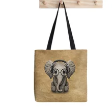 

Shopper Elephant Wearing Headphones Printed Tote Bag women Harajuku shopper handbag girl Shoulder shopping bag Lady Canvas Bag