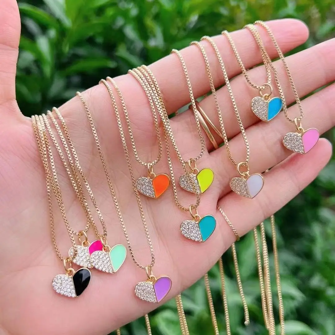 

10Pcs Multicolor Dripping Oil Heart and Zirconia Brass Metal Enamel Small Charms Pendant Necklace For Women Party Fine Jewelry