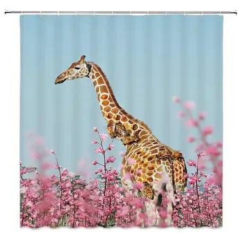 

Cute Giraffe Shower Curtain Creative Honeycomb Deer Bee Pink Flowers Wildlife Spring Scenic Decor Fabric Bathroom Curtains,