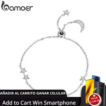 

BAMOER New Arrival Genuine 925 Sterling Silver Sweet Whisper of Moon & Star Clear CZ Link Bracelet Luxury Silver Jewelry SCB007