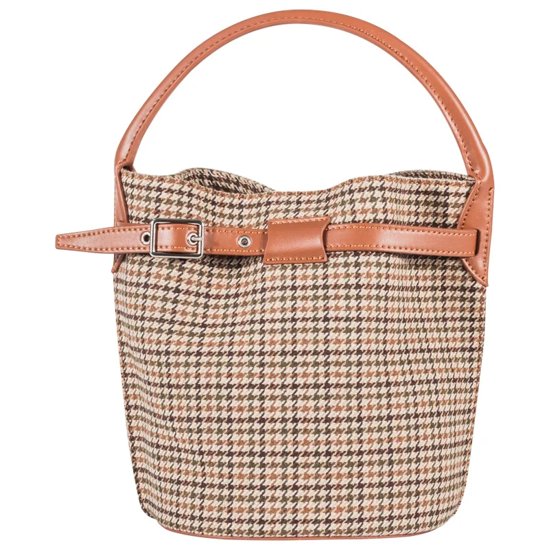 

Wool Plaid Bucket Bag Genuine Leather Buckle Portable Houndstooth Satchel Retro Women Shoulder Messenger Bag Drop Shipping Purse