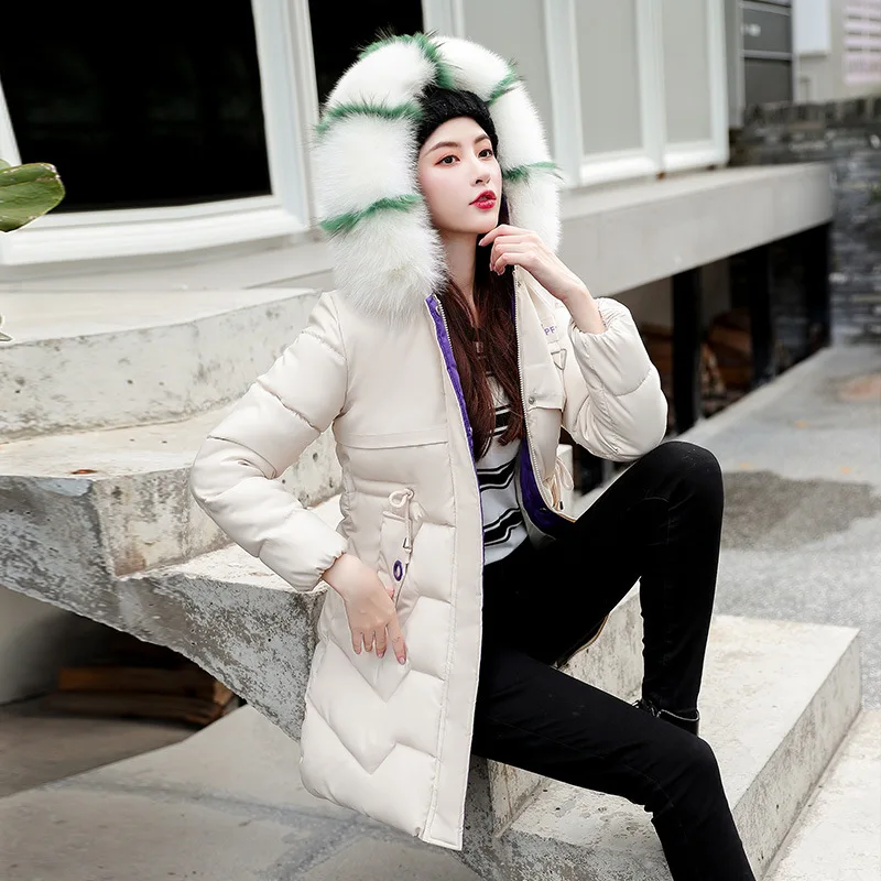 

2019 Winter New Style Cotton-padded Clothes Women's Mid-length Korean-style Large Fur Collar Thick Cotton Coat Slim Fit Slimming