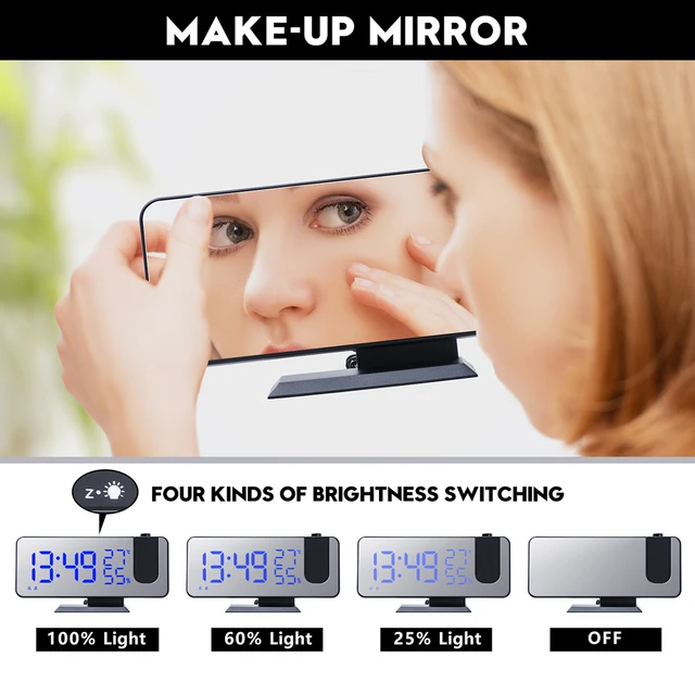 LED Mirror Alarm Clock Table Digital Ceiling Projector Alarm Clock USB Wake Up FM Radio Time Projector Bedroom Bedside Clock 4