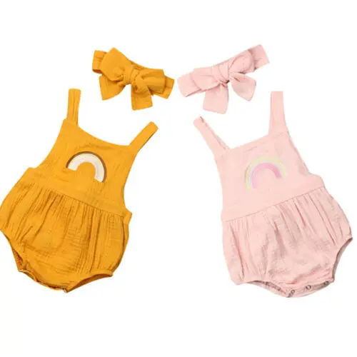Newborn Baby Girl Embroidery Rainbow Romper Backless Jumpsuit Headband Soft Cotton Outfit Set Clothes Summer Linen Vestidos