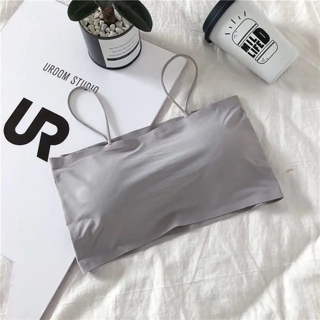 Summer Women Sling Tube Top Sexy Bra Top Breathable Chest Pad Wearing Underwear Seamless Ice Silk Breast Wrap Lingerie Female Gray