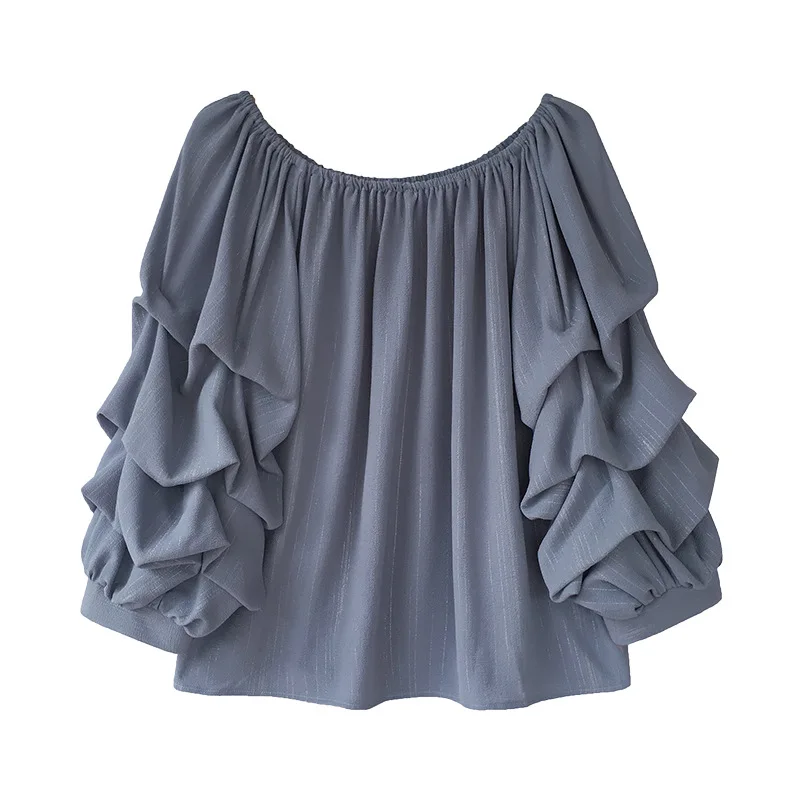 

2023 Autumn new fashion style one-neck shoulder chiffon blouse loose foam blouse thin solid color print shirt