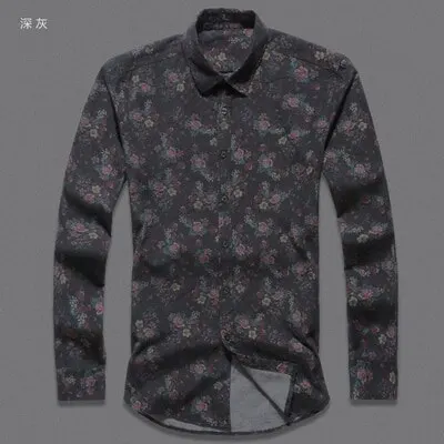 Осенняя мужская рубашка ins Новая мода цветочный принт с длинным рукавом camisa мужская Тонкая Цветочная винтажная льняная Повседневная рубашка - Цвет: dark flower grey
