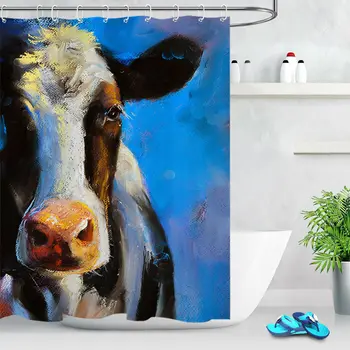 

Pastel Painting Milk Cow Shower Curtain Set Waterproof Fabric Bathroom w/ Hooks
