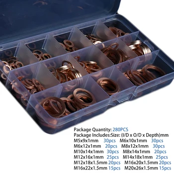 

280pcs Assorted Solid Copper Crush Washers Seal Flat Ring Hydraulic Fittings High Quality