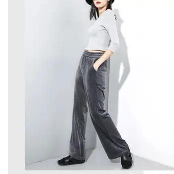 

New Autumn Winter Trousers Casual Elastic High Waist Velvet Pants Solid Women Wide Leg Pants Black Grey Loose Long Pants