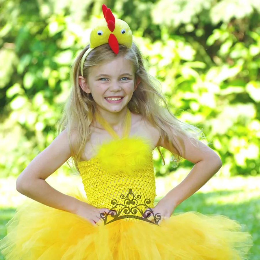 Cute Girls Yellow Chicken Feather Tutu Dress Kids Crochet Corset Ballet Dress with Hairbow Children Party Costume Cosplay Dress