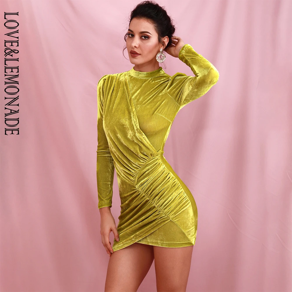 LOVE&LEMONADE, сексуальное, зеленое, стоячий воротник, рукав, стежка, эластичное, светло-коричневый гусиный пух, облегающее, вечерние, мини-платье LM82166
