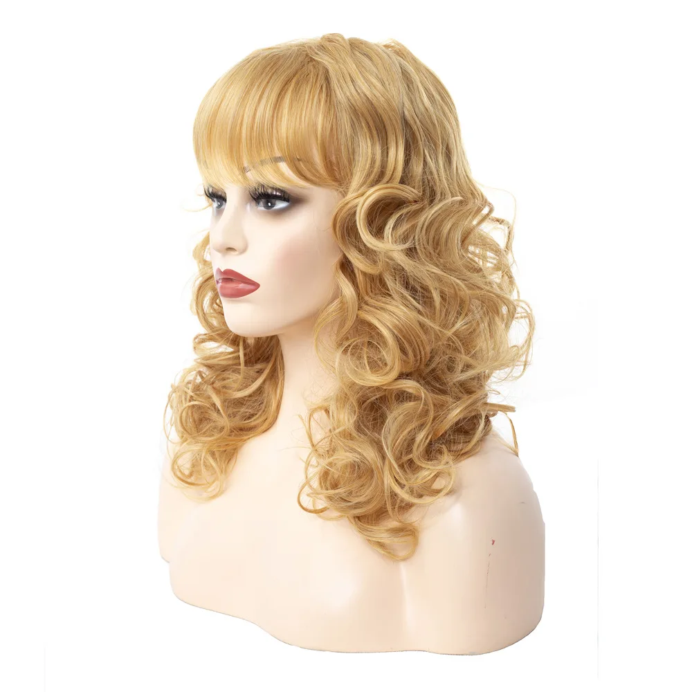 Golden air bangs curly hair synthetic wig Temperament woman long hair whole wigs High quality high temperature fiber material