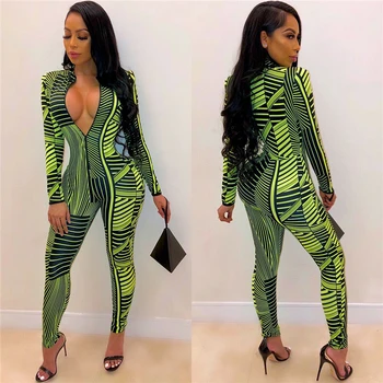 

Geometric Printed Female Summer Bandage Sexy Jumpsuit High Waist Deep V Neck Female Bandage Playsuit Clubwear Long Trousers