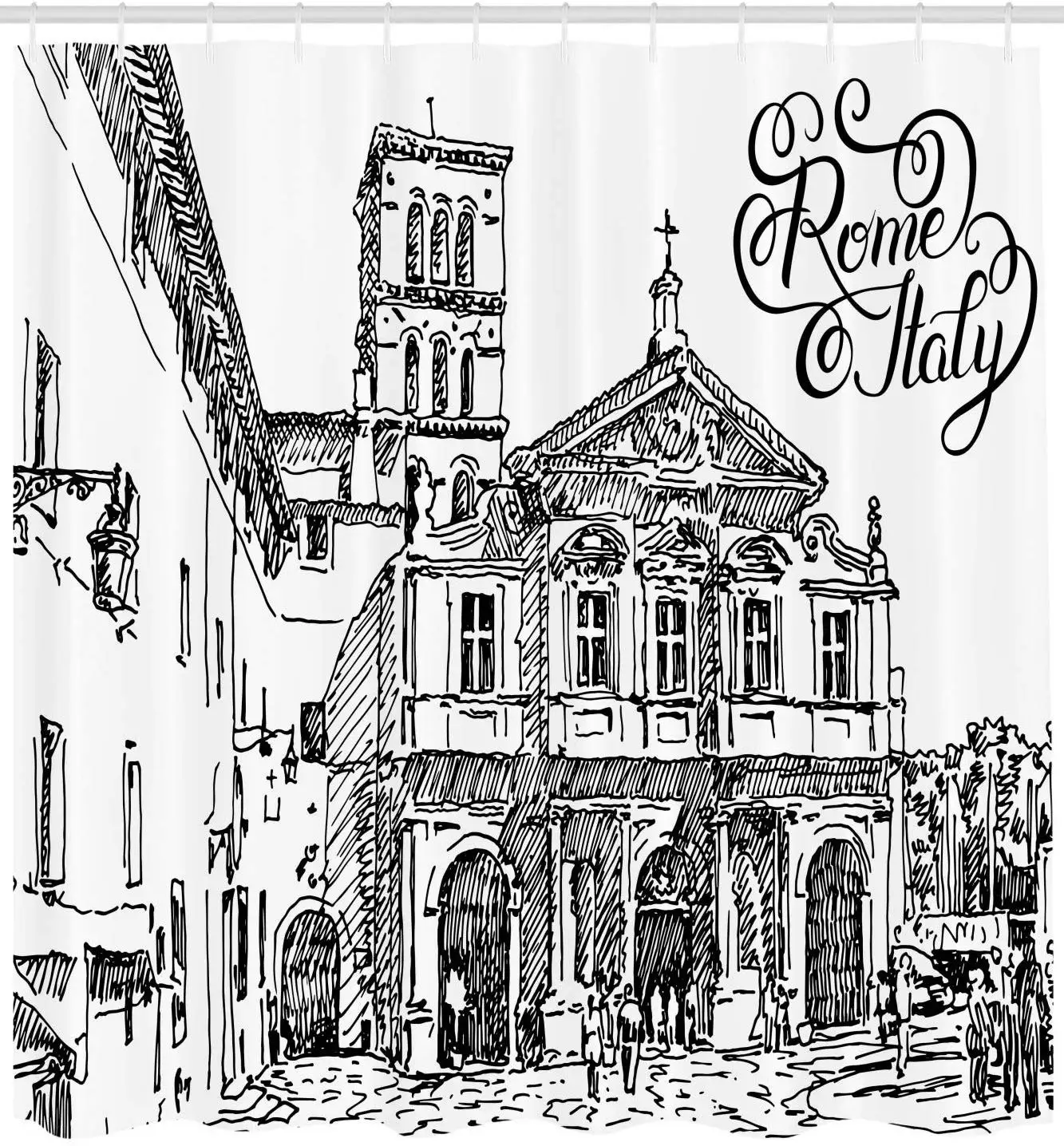 Italy Shower Curtain Vintage Famous Cityscape of Rome Illustration Hand Drawing Sketch Pattern Print Cloth Fabric Bathroom Decor | Дом и сад