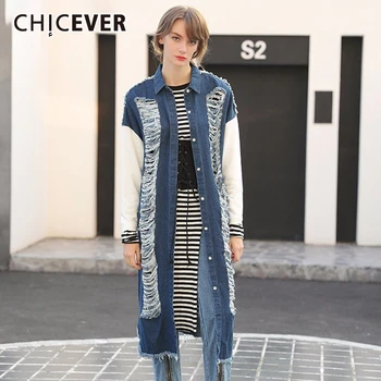 

CHICEVER Patchwork Denim Tassel Trench Coat For Women Lapel Collar Long Sleeve Hollow Out Oversize Casual Coats Female 2020 New