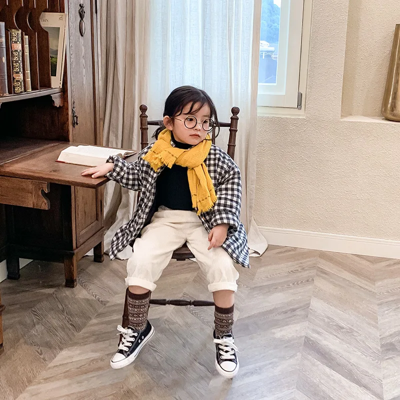 Long Style Kids Boys Girls Outwear Winter Warm Keep Cotton Jacket Plaid Plus Velvet Coat Buttons Baby Children Clothes 1-6y