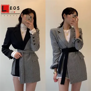 

Women Blazer Patchwork Plaid Bandage New Vintage Full Sleeve Plaid Stitching Irregular Straps Slim Suit Loose Trend Coat