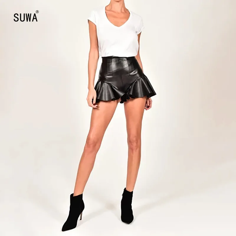 Сексуальные мини-юбки на молнии сзади, модные черные юбки из искусственной кожи с рюшами, женские плиссированные юбки FD8402G