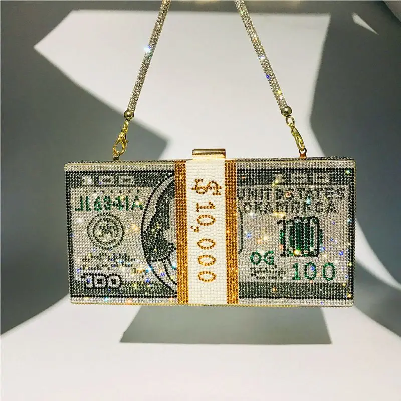 Money Clutch Rhinestone Purse 10000 Dollars Stack of Cash Evening Handbags Shoulder Wedding Dinner Bag shoulder bags,women evening bag
