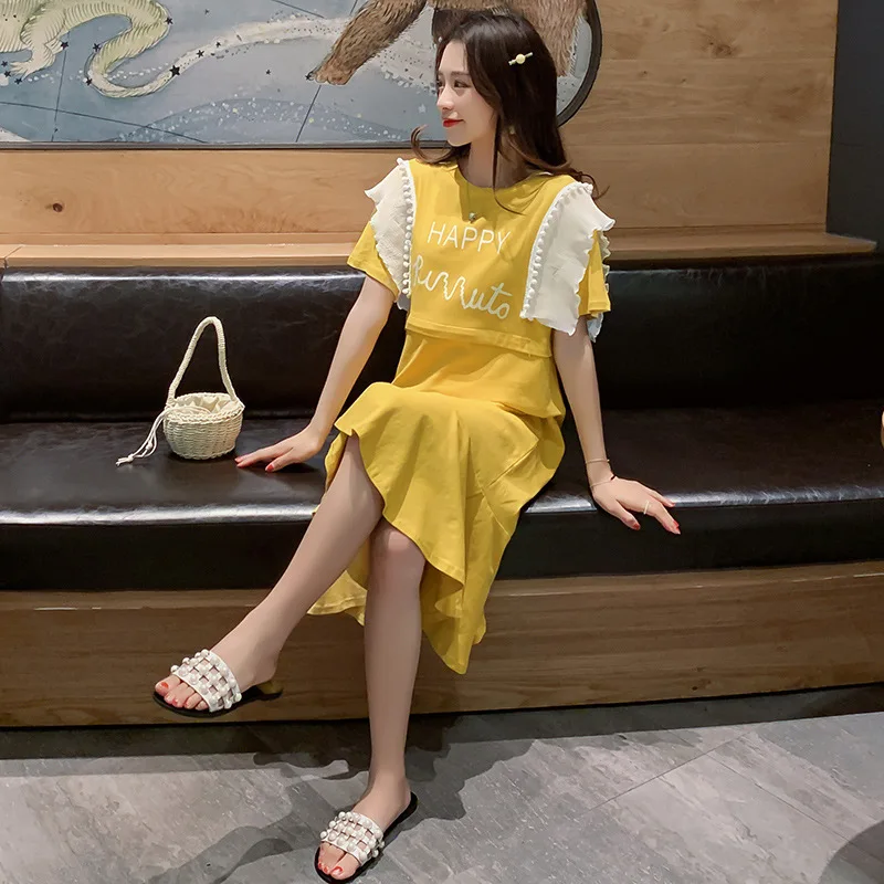 

Maternity Clothes Dress 2019 Postpartum Short Sleeve Nursing Shirt Nursing Clothes over-the-Knee Long Skirts Summer