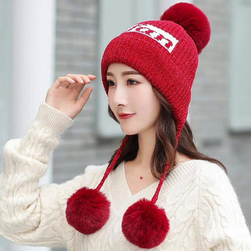 

Winter Hats Women Three Ball Winter Hats for 90 s Girls Pom Pom Cotton Blended Hip Hop Caps Warm Hat Unisex Cap Bonnet Hats