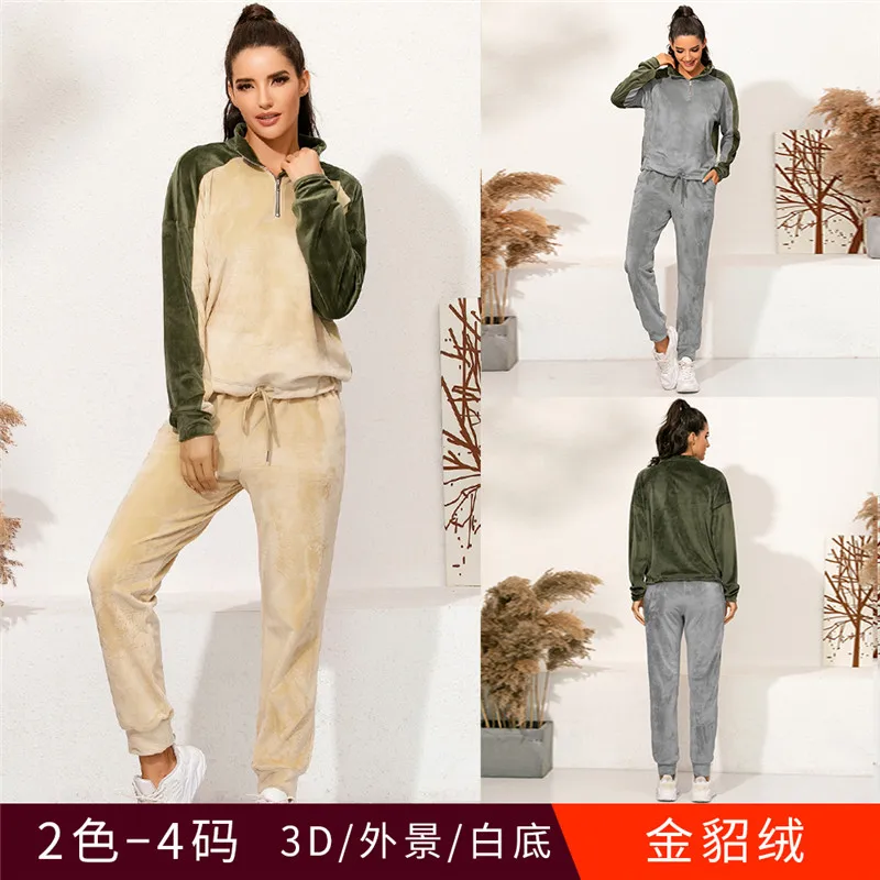 

Two Piece Set Women Winter 2020 Tracksuits Women Casual Splicing Suit Velvet Thick Pullover Top Long Pants Ropa Mujer 