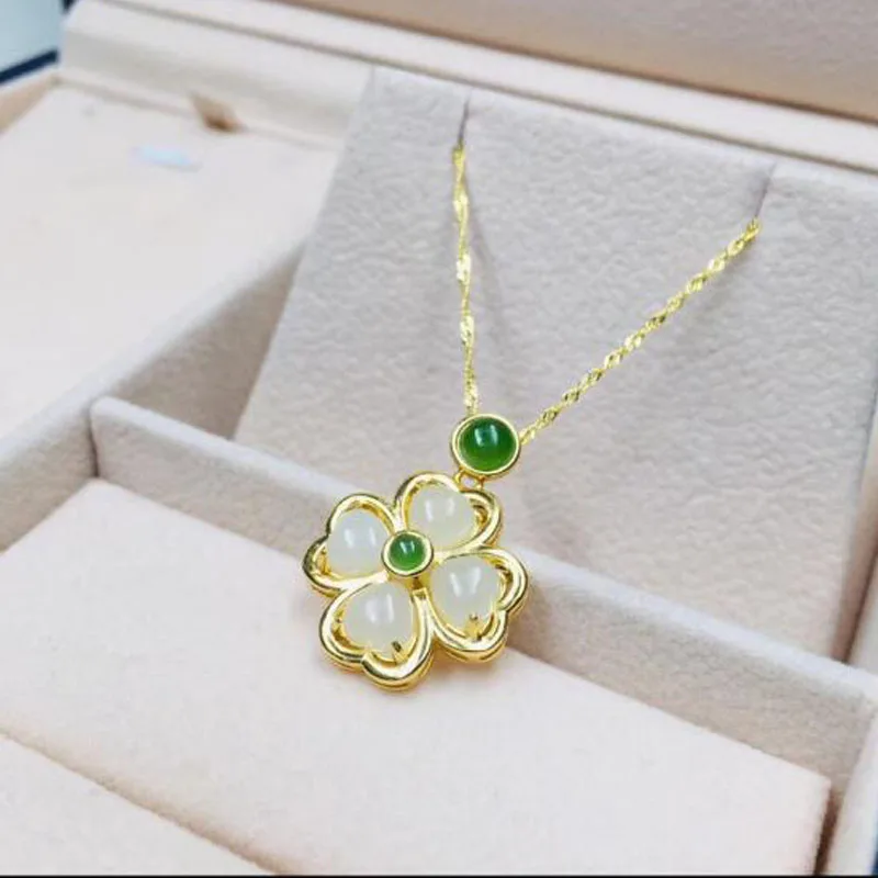 

Beautiful Natural 925 Sterling Silver Hetian White Jade Carved Flower Inlaid Beads For Women Men Jade Amulet Lucky Pendant