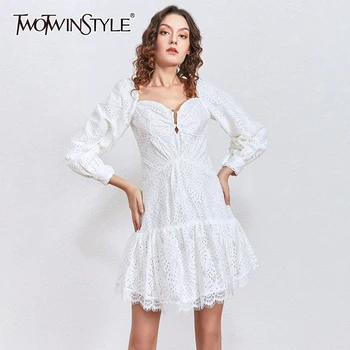 

TWOTWINSTYLE Lantern Sleeve Ruffle Dresses Women Square Patchwork Lace Sexy Mini Dress Female Fashion Clothing 2020 Spring New