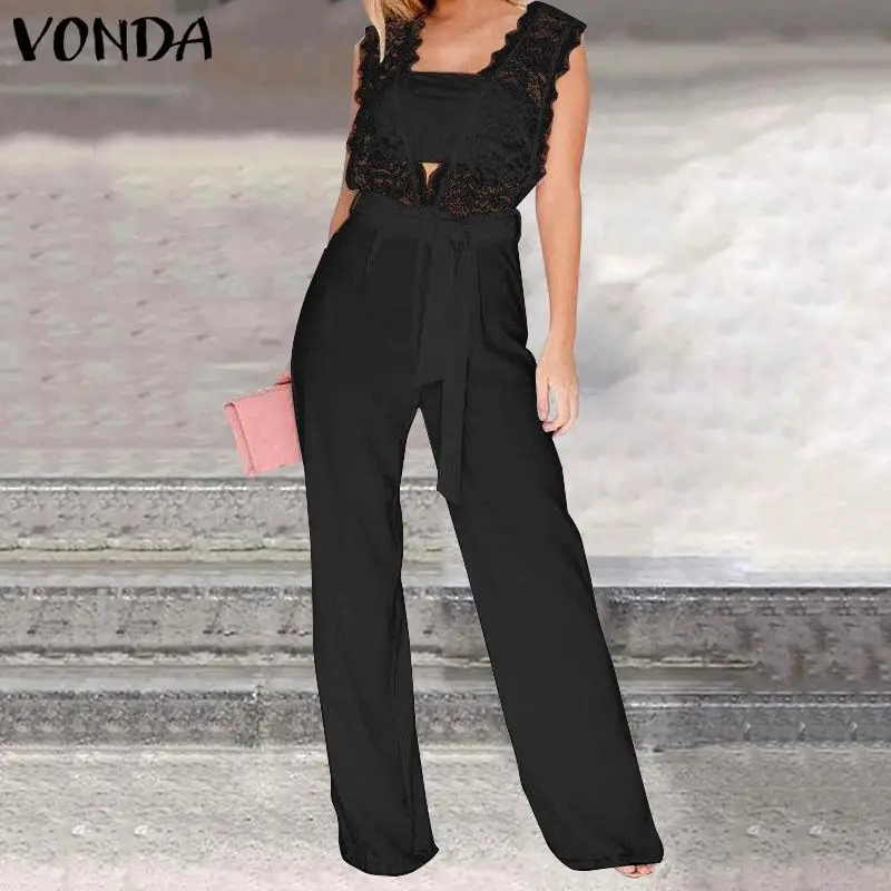 

VONDA Rompers Women Jumpsuit 2019 Summer Sexy Deep V Lace Party Plus Size Playsuits Female Elegant Office Ladies Pants Overalls