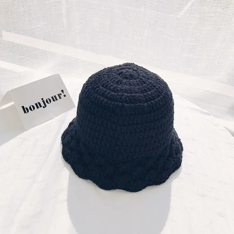 Зимняя Корейская версия милое кружевное шерстяное ведро шляпа Женская однотонная теплая вязаная шапочка для бассейна Простой повседневный для шутника женская шляпа - Цвет: Sectoral black wool