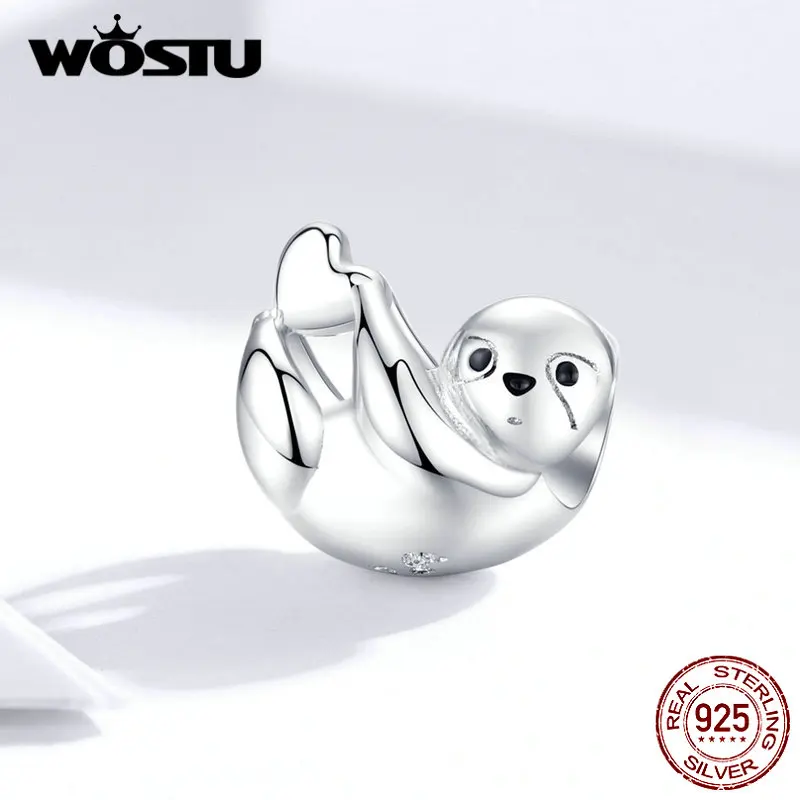 WOSTU 925 пробы, Серебряный ленивый Ленивец, бусины, животные, подвески, подходят для оригинального браслета, кулон для женщин, изготовление ювелирных изделий CTC109