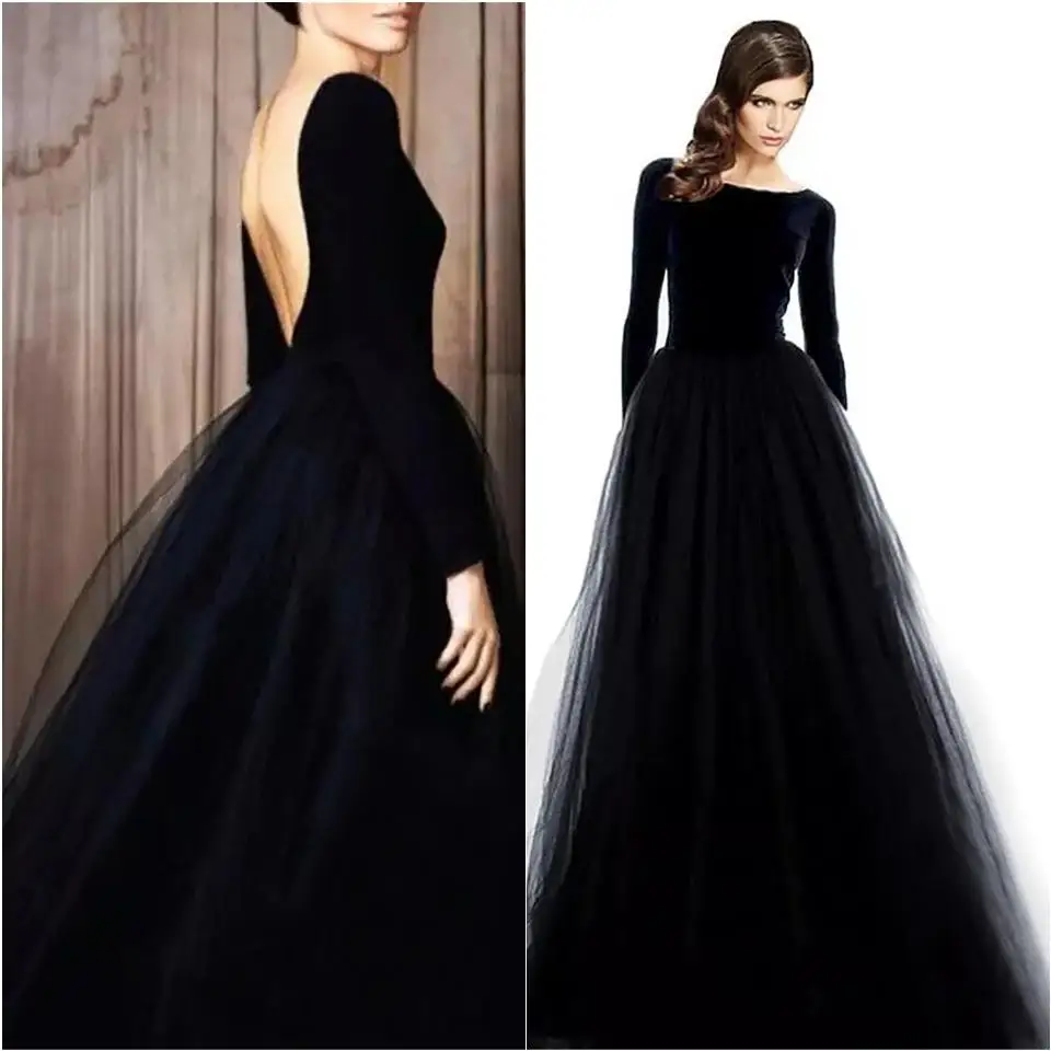 Elegante vestido de noiva de veludo com mangas compridas sexy preto sem costas vestido de festa casado bateau longo vestido de casamento casado vestido formal com