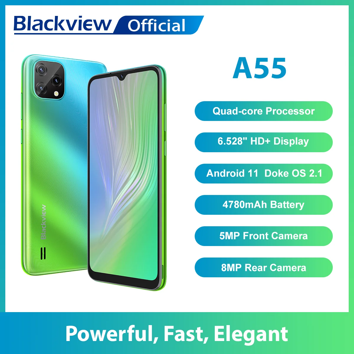 Blackview New A55 Smartphone 3GB 16GB 6.528" HD 4780mAh Quad Core Android11 Mobile Phone MT6761V 5MP+8MP Camera Cell Phone cellphones android